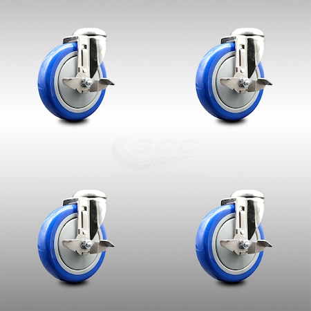 Service Caster 5 Inch 316SS Blue Polyurethane Wheel Swivel Bolt Hole Caster Set with Brake SCC SCC-SS316BH20S514-PPUB-BLUE-TLB-4